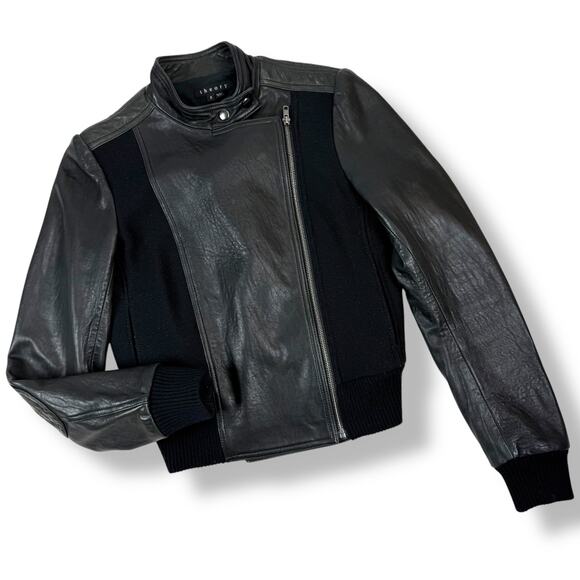 THEORY black lamb leather and wool knit biker jacket